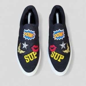 Soda Black Canvas Slip On Sneakers with Embroidered Patches Size 9